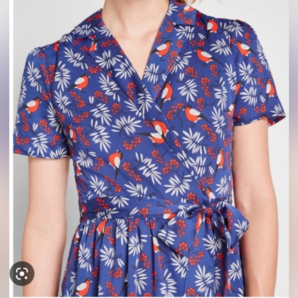 Modcloth Bird Print Wrap Dress Short Sleeve Blue Dress
